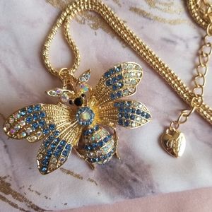 Gold and Blue Bee Rhinestone Necklace Brooch Pin